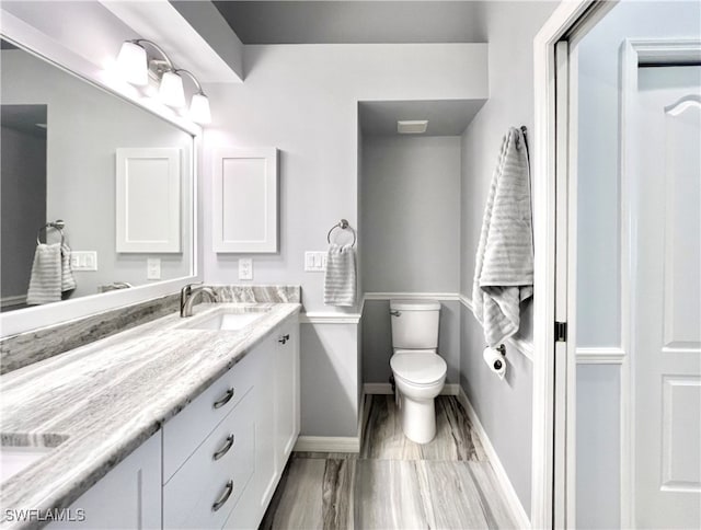 bathroom with wood-type flooring, vanity, and toilet