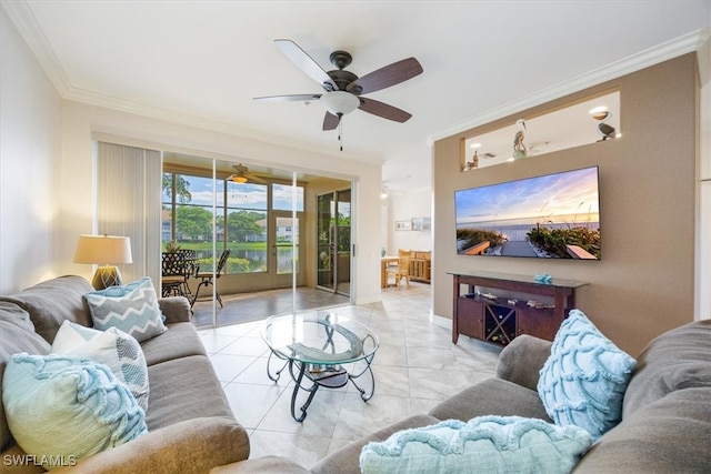 living room featuring ceiling fan, light tile patterned floors, and crown molding