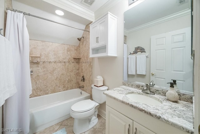 full bathroom with shower / tub combo, tile patterned floors, ornamental molding, vanity, and toilet