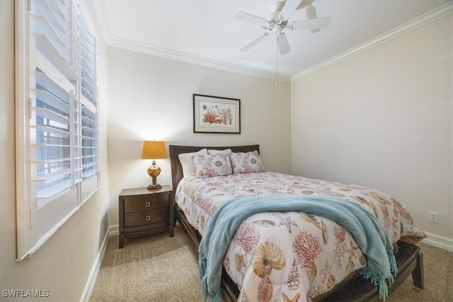 bedroom featuring ornamental molding, ceiling fan, and light colored carpet