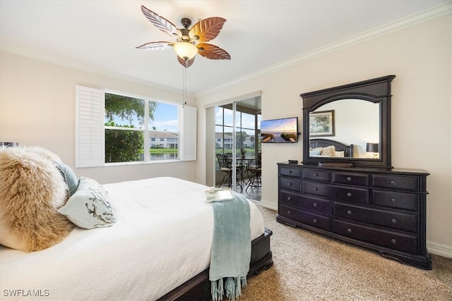 bedroom with ceiling fan, access to exterior, carpet floors, and crown molding