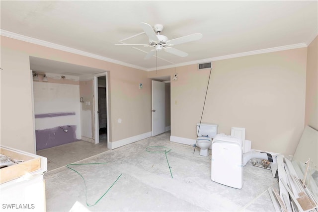 unfurnished bedroom featuring crown molding, ceiling fan, and ensuite bathroom