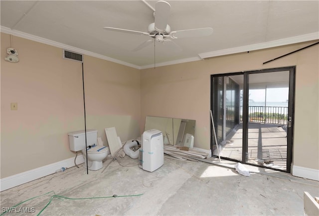 interior space with crown molding and ceiling fan