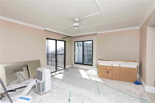 interior space with ornamental molding and ceiling fan