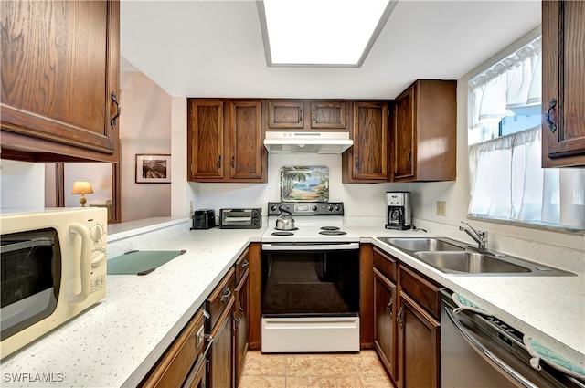 kitchen featuring light tile patterned flooring, sink, white electric stove, and stainless steel dishwasher