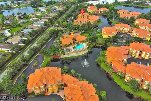 drone / aerial view featuring a water view