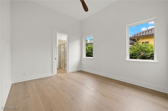 unfurnished room with light hardwood / wood-style floors and ceiling fan