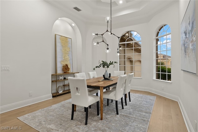 dining room featuring light wood-type flooring and a tray ceiling