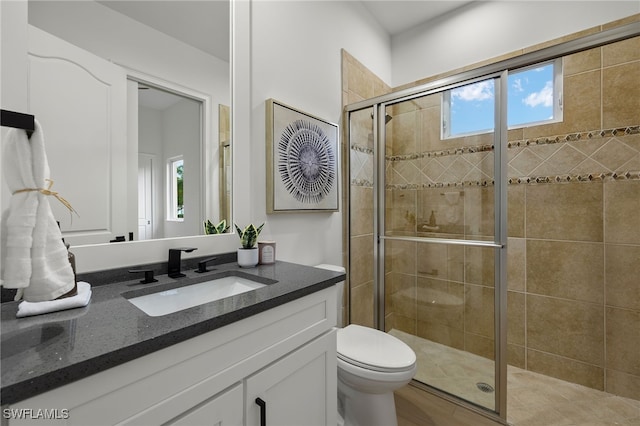 bathroom featuring vanity, toilet, and a shower with door