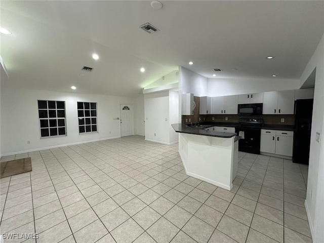 kitchen with sink, lofted ceiling, black appliances, backsplash, and light tile patterned floors