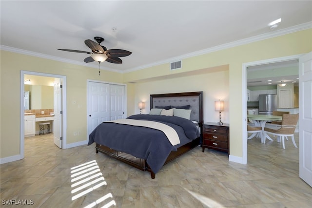 bedroom featuring a closet, ensuite bath, crown molding, ceiling fan, and stainless steel fridge