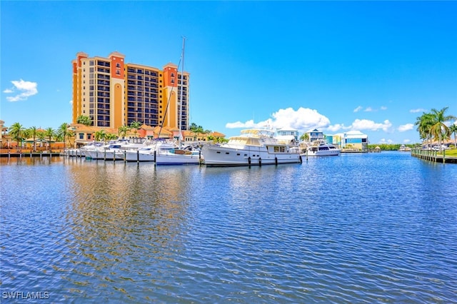 water view featuring a dock