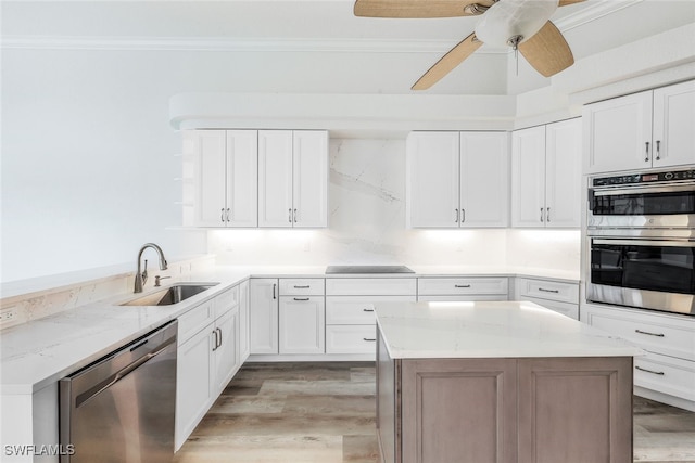 kitchen with light hardwood / wood-style flooring, white cabinets, sink, and stainless steel appliances