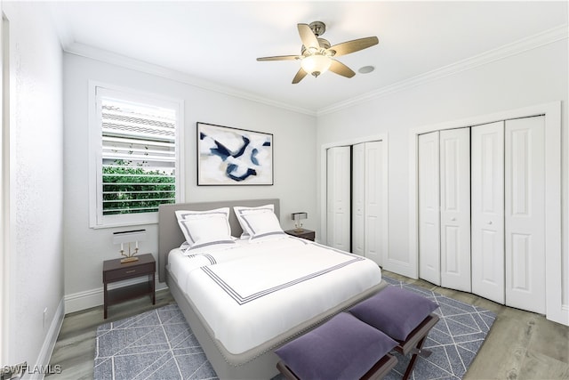 bedroom featuring ornamental molding, hardwood / wood-style floors, two closets, and ceiling fan