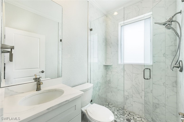 bathroom featuring a shower with door, a wealth of natural light, and toilet