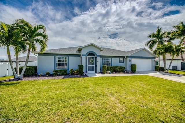 single story home featuring a front lawn and a garage