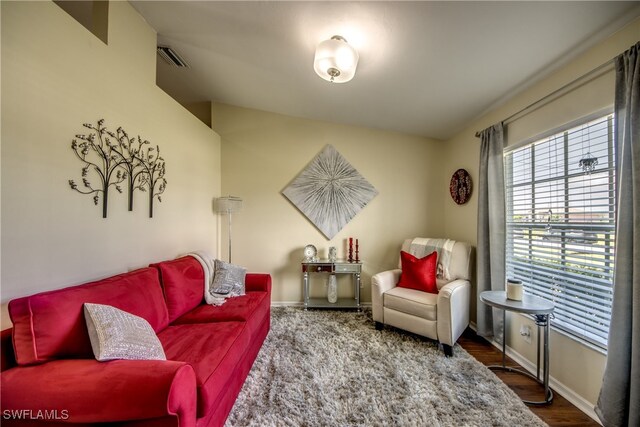 living room with wood-type flooring and lofted ceiling