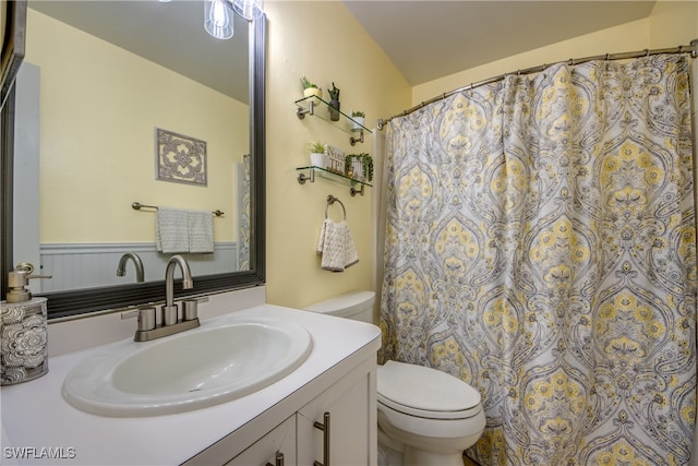 bathroom with vanity, toilet, and a shower with curtain