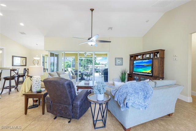 tiled living room with vaulted ceiling and ceiling fan