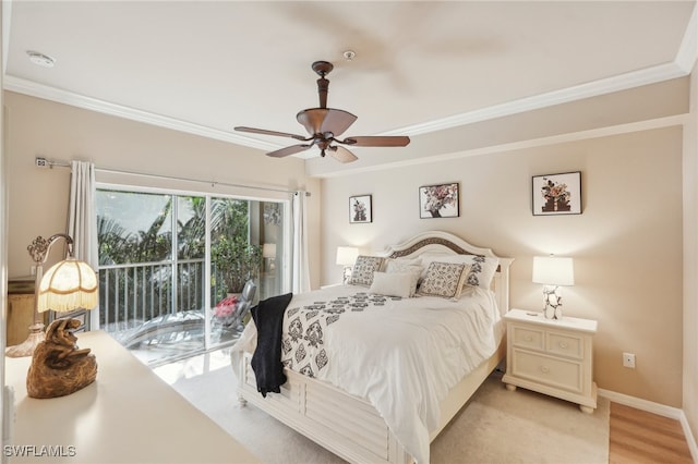 bedroom with ceiling fan, light hardwood / wood-style floors, crown molding, and access to exterior