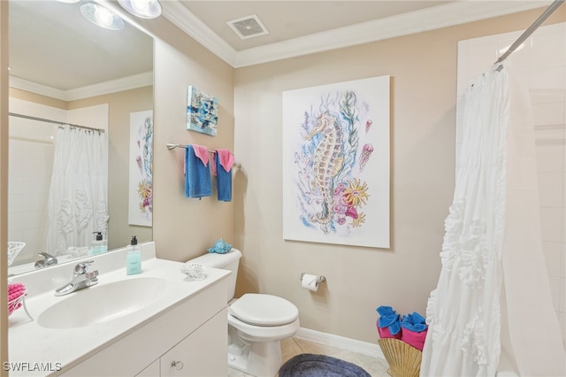 bathroom featuring vanity, tile patterned flooring, curtained shower, crown molding, and toilet