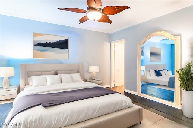 tiled bedroom featuring crown molding and ceiling fan