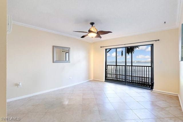 tiled empty room with crown molding and ceiling fan