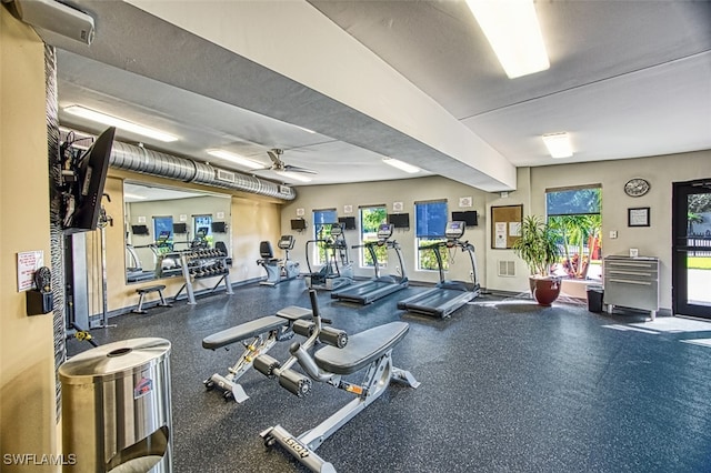 workout area featuring ceiling fan