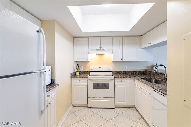 kitchen with white cabinets, white appliances, and sink