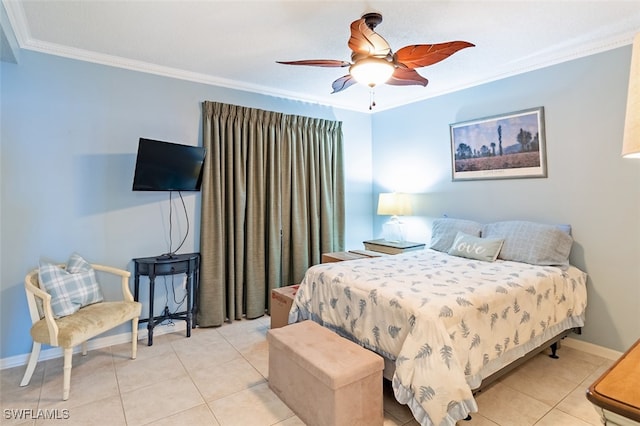 tiled bedroom with ornamental molding and ceiling fan