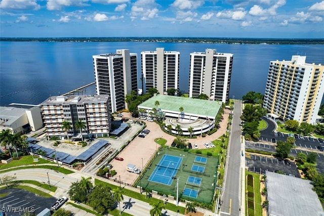 birds eye view of property featuring a water view