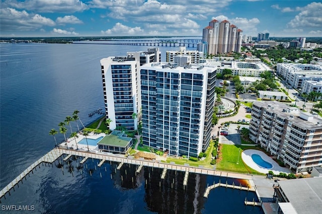 bird's eye view with a water view