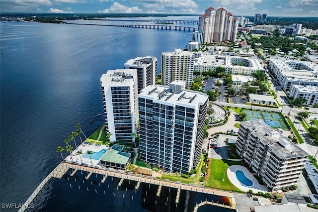 drone / aerial view with a water view