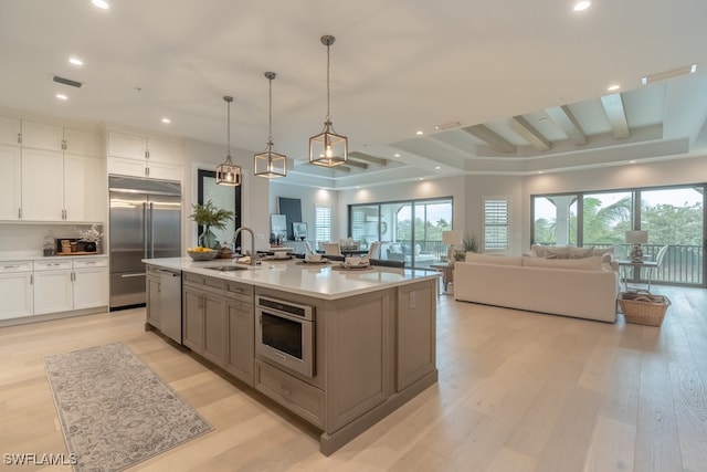 kitchen with a tray ceiling, sink, white cabinetry, appliances with stainless steel finishes, and a spacious island