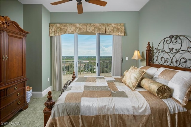 bedroom with carpet flooring, a ceiling fan, baseboards, and access to outside