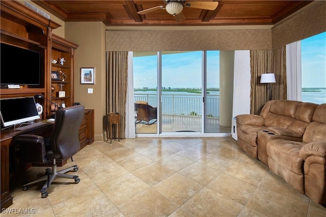 office area featuring a water view, ornamental molding, coffered ceiling, wooden ceiling, and ceiling fan