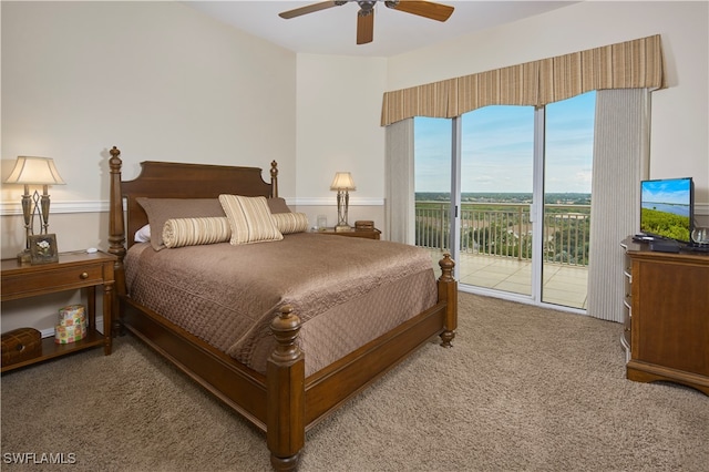 carpeted bedroom with ceiling fan and access to exterior