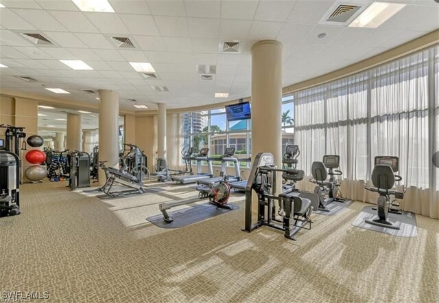 exercise room with light carpet and a paneled ceiling