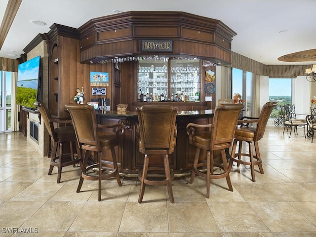 bar featuring dark brown cabinets and ornamental molding