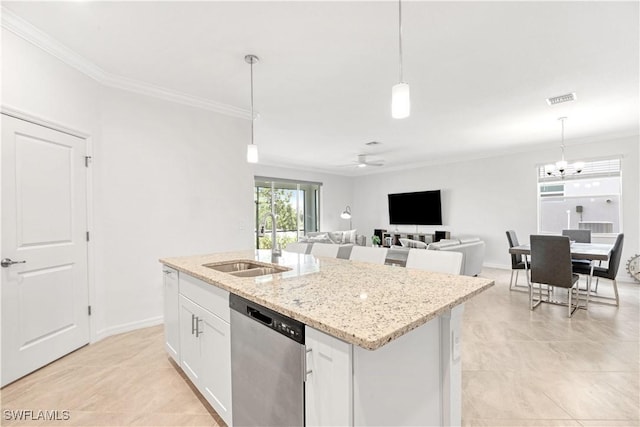 kitchen featuring visible vents, dishwasher, a kitchen island with sink, crown molding, and a sink