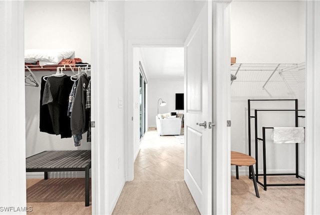 walk in closet with light colored carpet