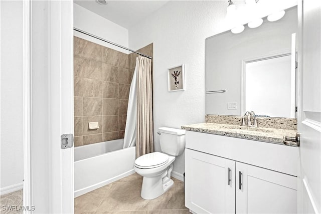 bathroom featuring shower / tub combo, baseboards, toilet, tile patterned floors, and vanity