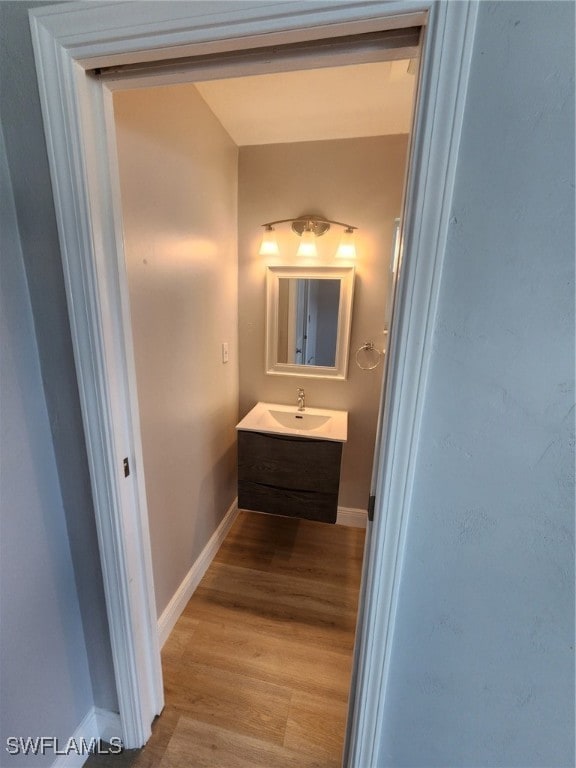 bathroom with wood-type flooring and vanity