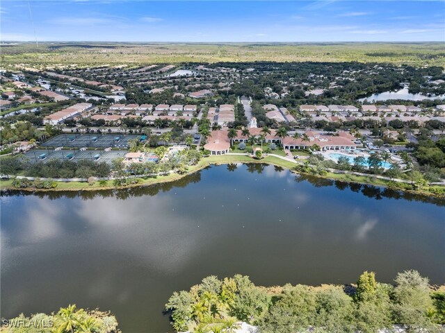 drone / aerial view featuring a water view