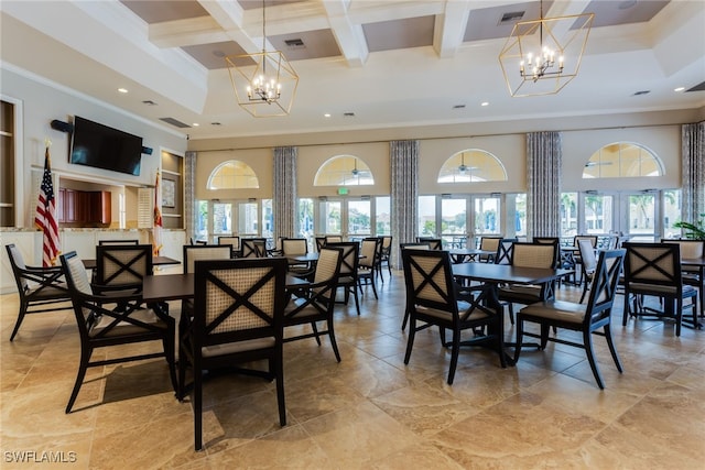 571 Avellino Isles Cir Unit 27102, Naples, FL 34119 - dining area featuring a chandelier, ornamental molding, coffered ceiling, a high ceiling, and plenty of natural light