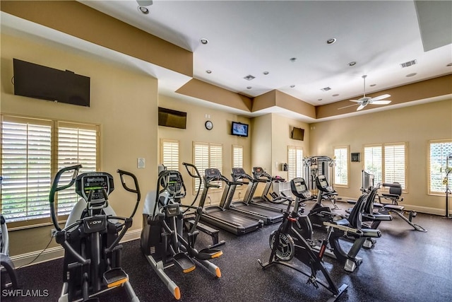 571 Avellino Isles Cir Unit 27102, Naples, FL 34119 - gym with baseboards, a ceiling fan, recessed lighting, and a high ceiling