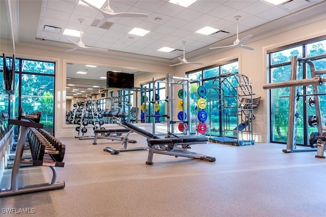 571 Avellino Isles Cir Unit 27102, Naples, FL 34119 - exercise room with a drop ceiling and ceiling fan