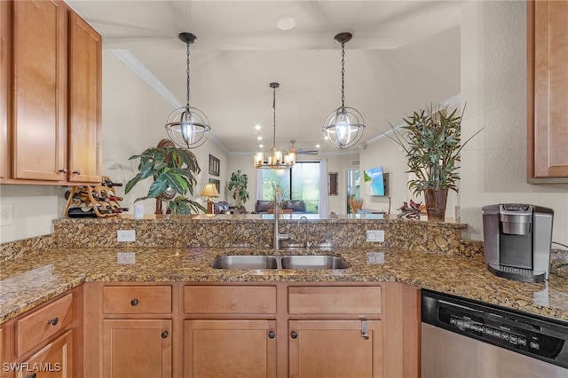 kitchen with dishwasher, decorative light fixtures, crown molding, and sink