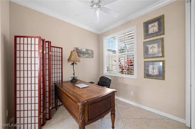 tiled office with crown molding and ceiling fan