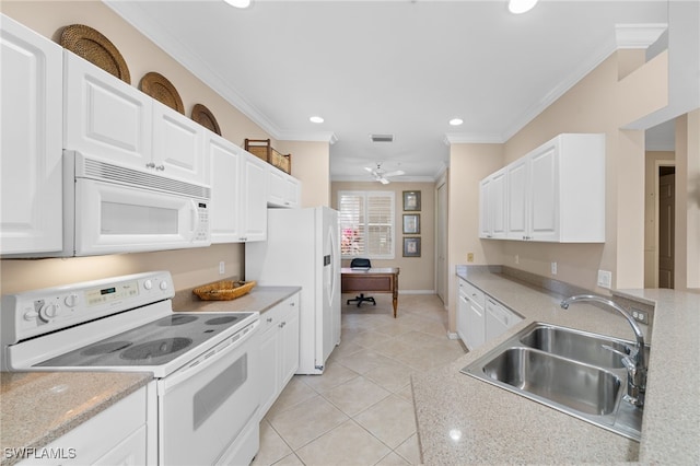 kitchen featuring sink, light tile patterned floors, ornamental molding, white appliances, and white cabinets